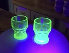 2 Uranium Glow  VASELINE Georgian Green Glass Depression Glasses 3.25” Tall