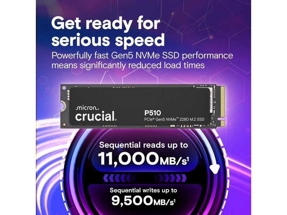 Crucial P510 1TB Gen5 NVMe SSD, Up to 11,000 MB/s, PCIe 5.0 M.2 2280 SSD, - Image 2 of 4