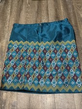 Vintage Traditional Teal Silk Wrap Skirt Metallic Gold Brocade Ikat Geometric
