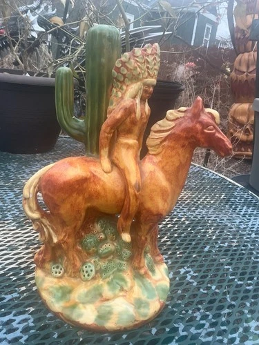Royal haeger 1950 Indian on horseback with cactus desert red glaze AS IS repair