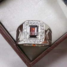Garnet Emerald Cut Gemstone With 925 Sterling Silver Ring For Men's #B753 *