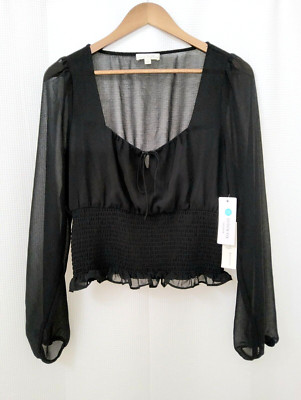 Stitch Fix Women's Top Size Large   New Black Sheer Crop Top Peasant Blouse LG