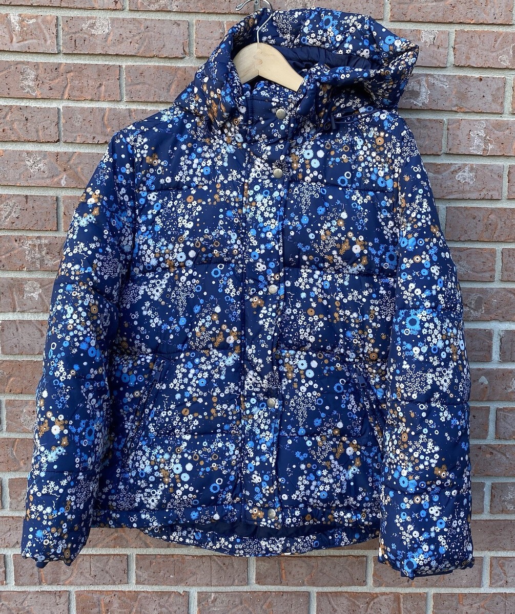 GAP Upcycled Midweight Puffer Jacket Floral Flower Print Navy Womens Size  Medium