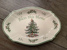 Spode Christmas Tree 11" Oval Dish Tray Bless This Home Retired