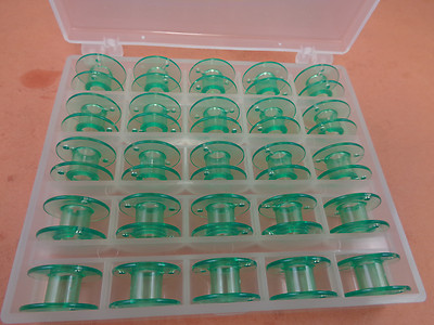 BOX OF 25 BOBBINS GREEN CLEAR PLASTIC Husqvarna Viking Emerald 116,118,183,203