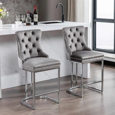 25" Gray Velvet Bar Stools Set of 2,Counter Height with Button Back & Rivet Trim
