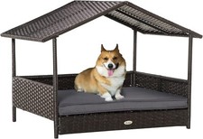 PawHut Wicker Dog House Outdoor with Canopy, Rattan Dog Bed with Water- Gray