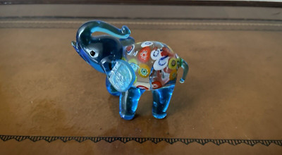 Millefiori Art Glass Blue Elephant Figurine Trunk Up about 3'' long x 2'' high