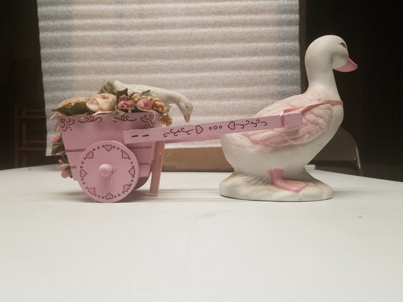 Ceramic Duck Pulling Cart with Duck and Flowers