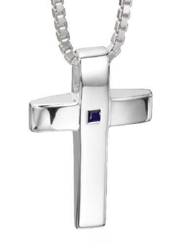 Fred Bennett 20" 925 Polished Sterling Silver Men's Blue Sapphire Cross Pendant - Picture 1 of 3