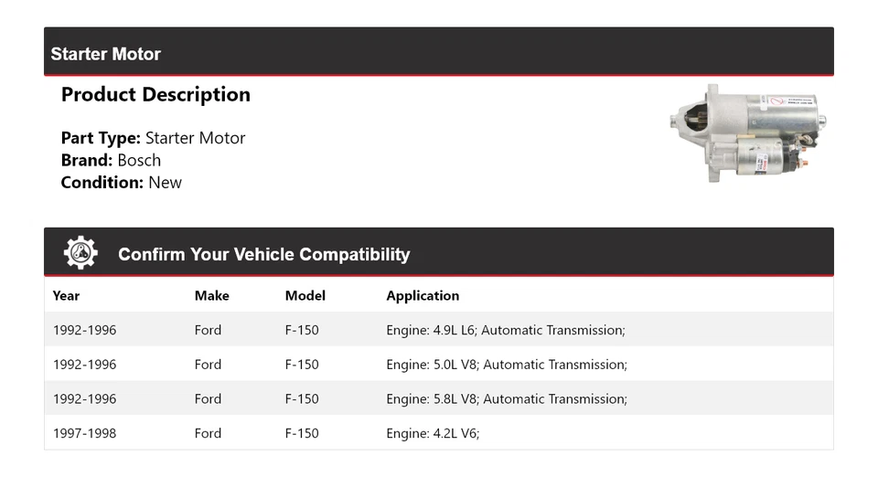Motor De Arranque Para Ford F-150 1992-1998 Bosch (Nuevo) 1993 1994 1995 1996 1997 Foto 2 de 4