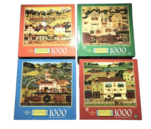 Vintage Set 4 CHARLES WYSOCKI Puzzle 1000 Stck. MB AMERIKANISCHE VOLKSKUNST - EINIGE HTF - Bild 1 von 11