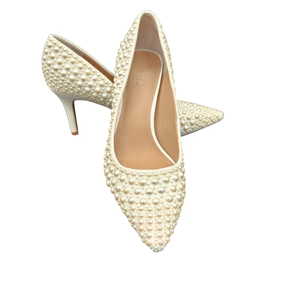 Mujer INC Off White Punta Punta Punta Imitación Media Perla Retro Fiesta Bombas 7M Foto 3 de 4