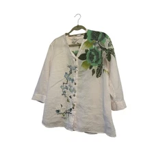 Citron Santa Monica 1X Button Front Top Floral Bird Embroidery Rayon