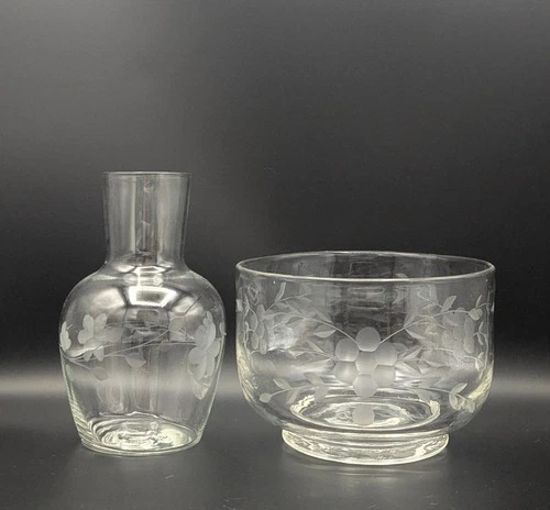 Vintage Etched Floral pattern Bowl and water pitcher. Set. Princess House like