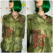 Vintage 90s Silk Crinkle Patchwork Beaded Fairy Boho Blouse Alfred Dunner M/L