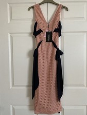 PRETTY LITTLE THING – Dusky Pink Lace/Ribbons Body Con Dress, Size UK8 (BNWT)