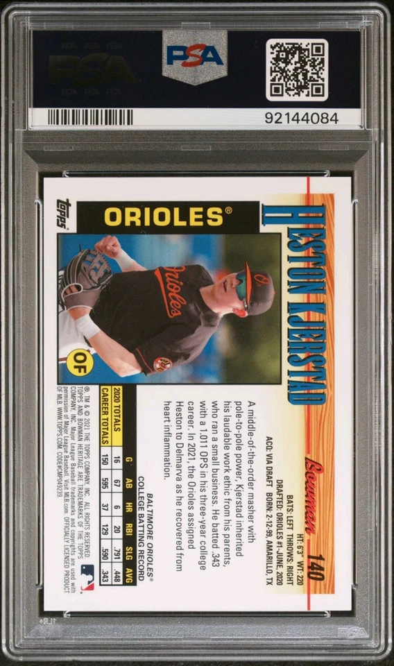 2021 Bowman Heritage Chrome Heston Kjerstad Gold Refractor /50 Card #140 PSA 10 - Image 2 of 4