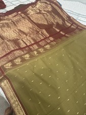 Beige Sari With Red Zari Border and Large Pallo With Fall Attached