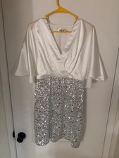 Women "Eliza J" white satin,silver sequin, wide short sleeve,short dress. Size 4