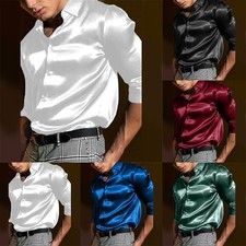 Men's Slim Fit Satin Silk Dress Shirt Button Down Long Sleeve Wedding Party