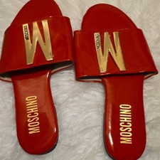 Moschino Women  s Red/Gold Logo Slide Sandals Slip-On Flat Casual EU 36
