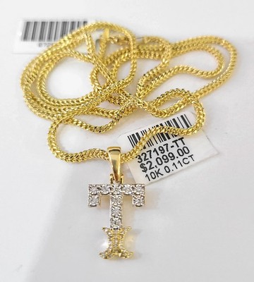 Real 10k Yellow Gold Franco Chain Diamond T Alphabet Pendant Charm 2mm Necklace