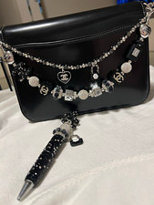 Rhinestone Black/Silver Beaded Charm Keychain Purse Heart Pendant Clear Crystal