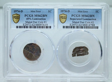 1974-D Mint Error 1C Lincoln Cent 45% Lamination Mated Pair PCGS MS62BN #1988