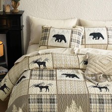 - Rustic Quilt Set, Cabin Lodge Christmas Bear Moose Queen / Full Tan Cream