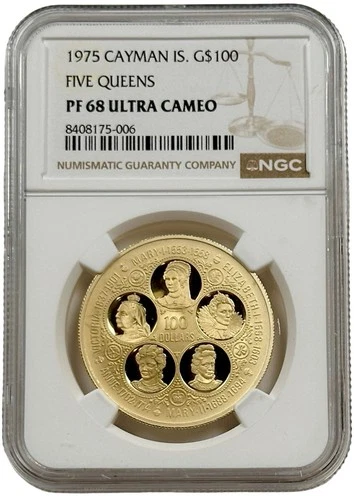 1975 Cayman Islands Gold $100 Five Queens 0.3649 oz Proof Coin NGC PF 68 UC