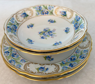 Schumann Arzberg Bavaria Forget Me Not China 4 Pc Plates Bowls Gold E&R Germany
