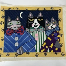 Needlepoint Pillow Cats in Bowties Handmade Sharon Bloom Unfinished Button Throw