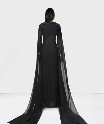 Elegant Black Wedding Gown with Cape Sleeves Crystal Beaded Long Formal  Dress | eBay