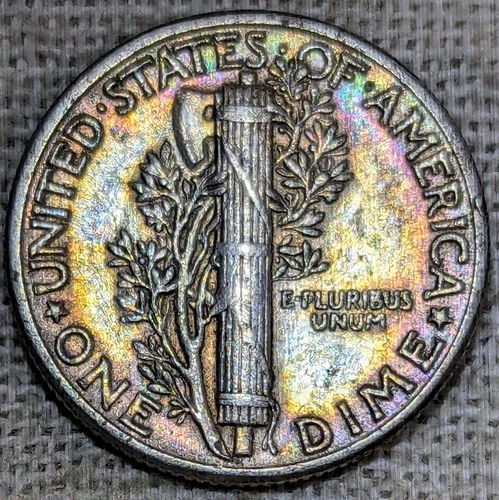 1945 Mercury Dime XF/AU : Rainbow Tone - .9 Fine Silver Coin