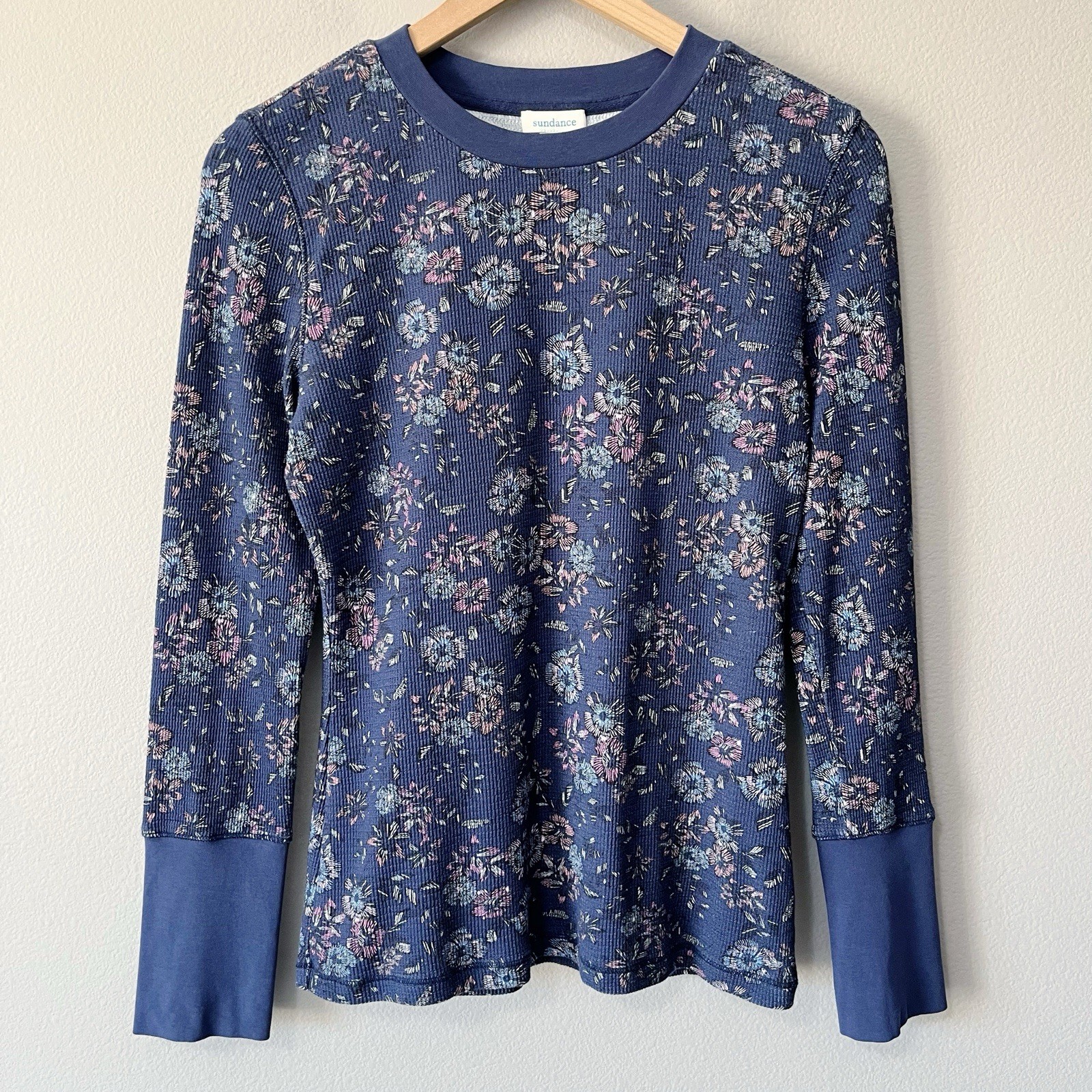 Sundance Navy Blue Floral Long Sleeve Thermal Top Size Medium Boho Country