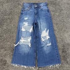 Aeropostale High Rise Super Wide Leg Distressed Jeans Womens 8 Reg Raw Hem
