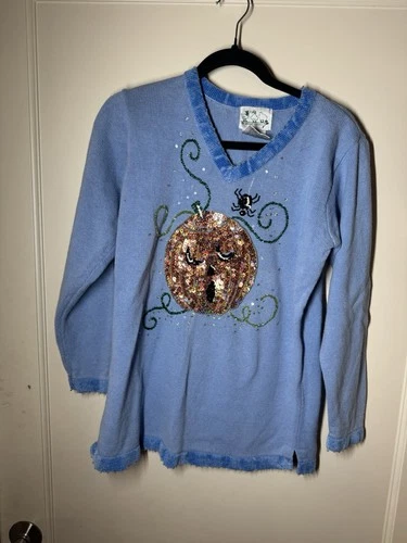Quacker Factory Small Blue Sweater Sequin Pumpkin Jack O Lantern Fall Halloween