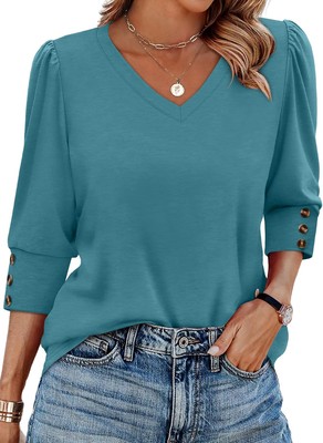 Womens 3/4 Sleeve V-Neck Button Top Casual Blouse for Summer Vacation
