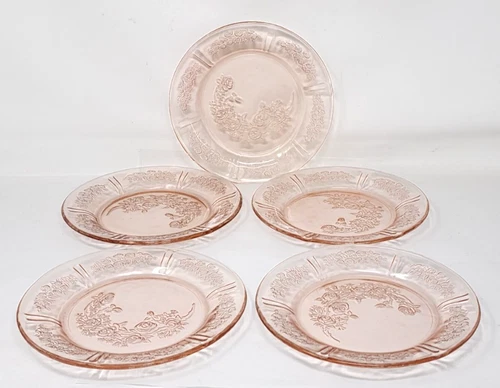 5 Federal Depression Glass Sharon Cabbage Rose Pink  7-3/8" Salad Plates