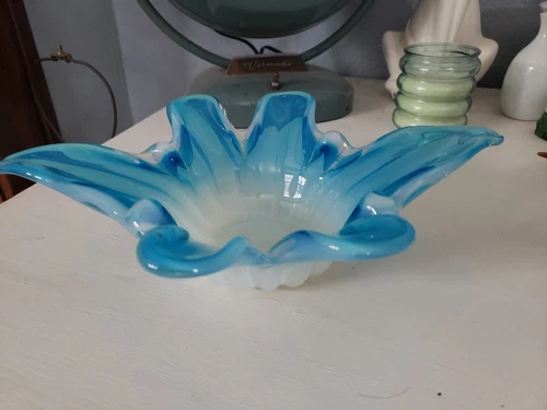 Vintage Opalescent Blue, Vintage Art Glass Bowl, Flower Shaped, Murano????