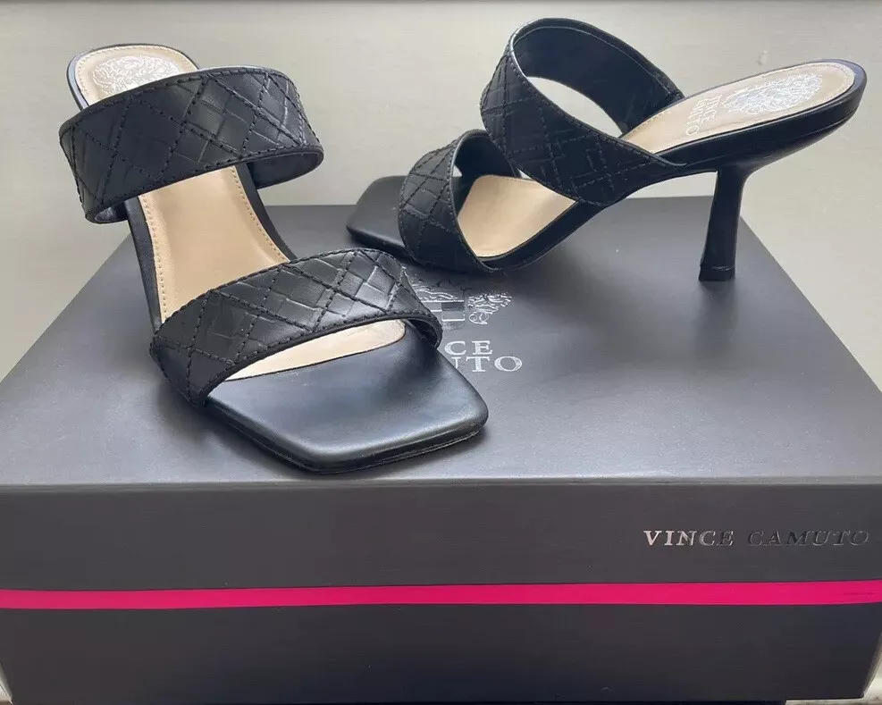 Vince Camuto Candialia Sandals Womens 7.5 Black Woven Strap Leather Shoes Heels