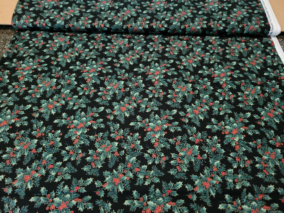 Treasured Traditions BTY QT Holly Red Berry Green Leaf Metallic Gold Black - Image 3 of 3