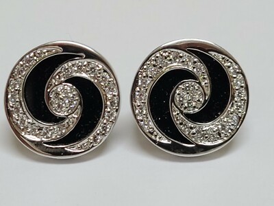 Black Onyx and CZ Stones Yin-Yang Earrings Sterling Silver 16mm Round Push Backs