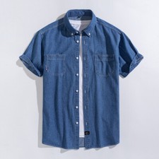 New Mens Short Sleeves Denim Shirts Jeans Washed Cotton Button Down Shirts Tops