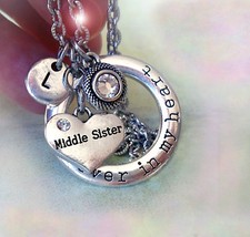 Middle Sister Forever In My Heart Necklace w-Birthstone Crystal  Letter Charm