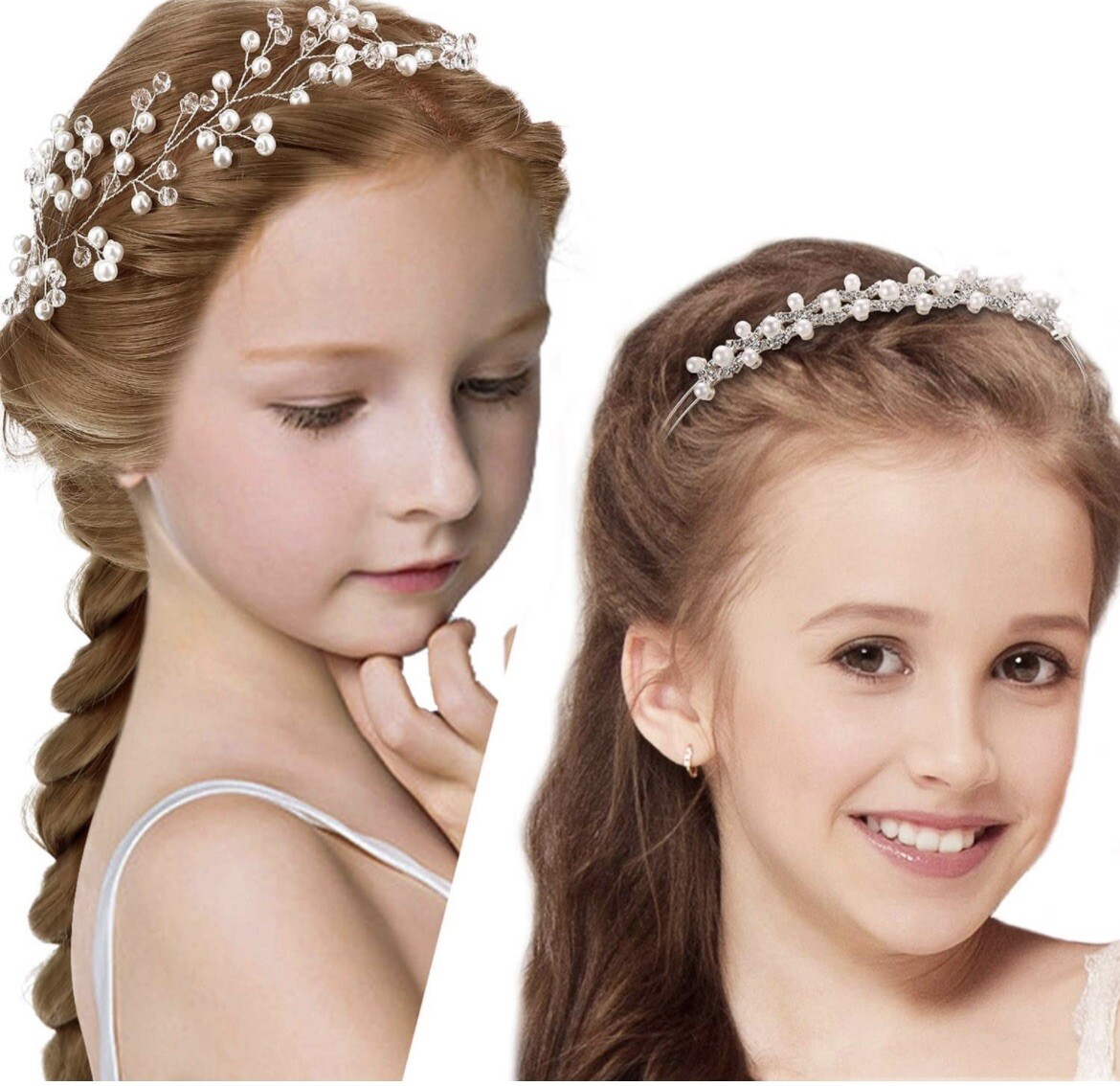 2 Pc Flower Girl Headpiece Rhinestone Pearl Headband for Wedding Princess Flower Crystal Headpiece Rhinestone Pearl Headband  main image 3