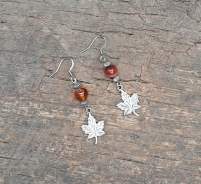 Pretty Little Fall Maple Leaf and Red Agate Bead Stainless Steel Dangle Earrings