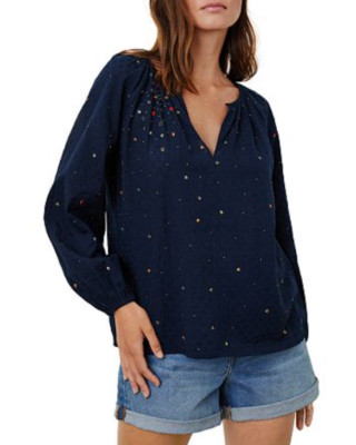 VELVET By Graham & Spencer Lorena Embroidered Novelty Top Navy S $159 D10