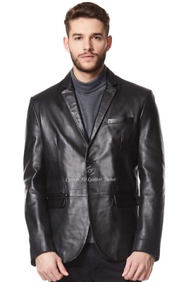 Herren Leder Blazer Schwarz 100% ECHT NAPA Milano 2 Knopf Klassischer Blazer 3450